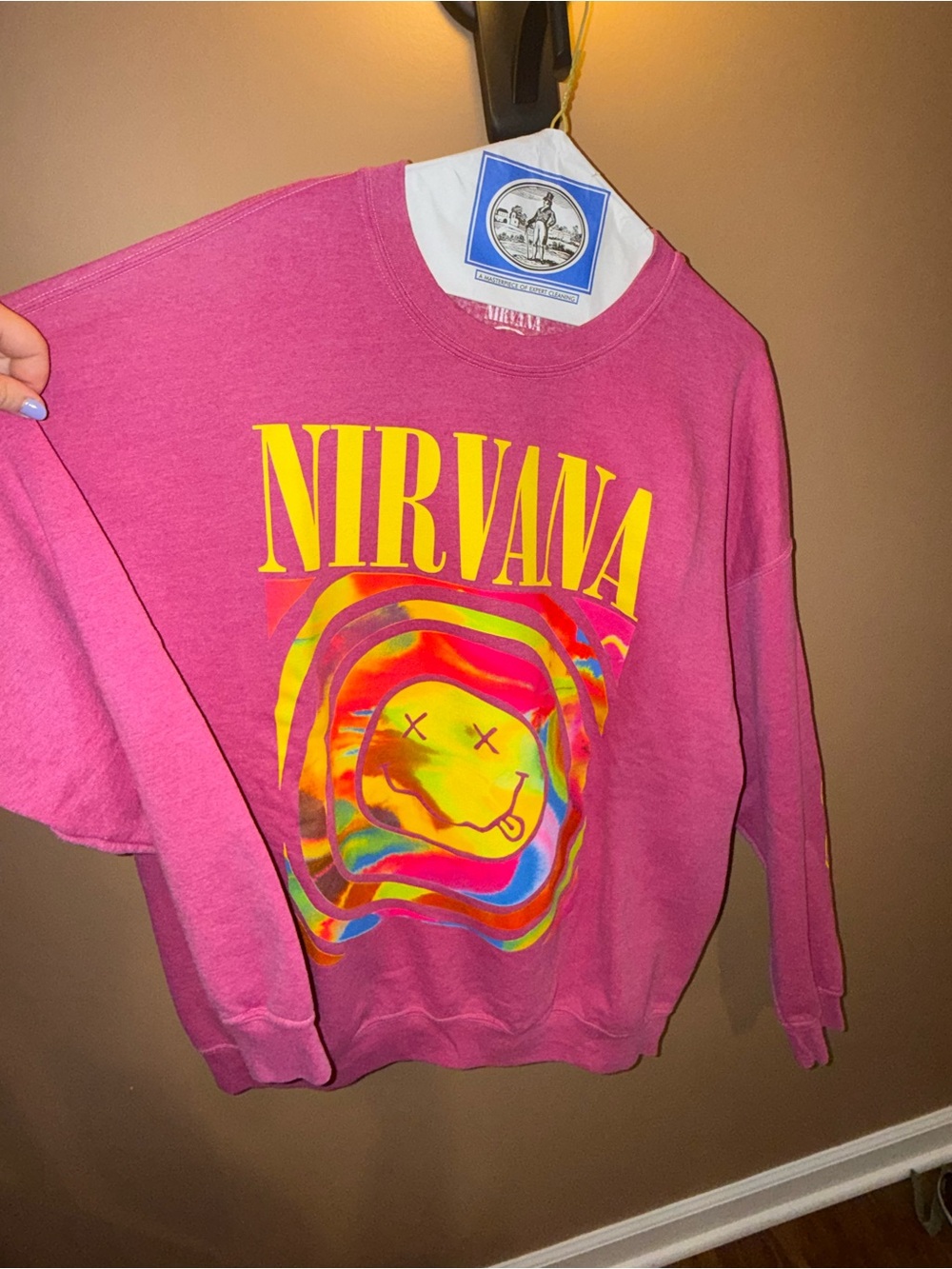 NIRVANA Pink Crewneck with Yellow Logo and Multicolor Psychedelic Smiley